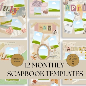 Könnte beinhalten: Sammlung von 12 monatlichen Scrapbook-Vorlagen im Vintage-Stil. Jede Vorlage zeigt ein Collage-Design mit Fotos, dekorativen Elementen und dem Monatsnamen. Die Vorlagen sind in Canva bearbeitbar und in den Formaten A4 und A5 verfügbar.