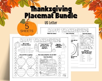 May include: Thanksgiving placemat bundle with the text "Thanksgiving Placemat Bundle" and "US Letter". The bundle includes 5 sheets with activities like coloring, matching, and a Thanksgiving-themed word game.