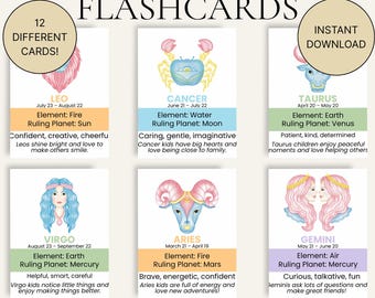 Zodiac Flashcards for Kids Pastel Astrology Signs Printable PDF in 2 Sizes Educational Learning Cards Instant Download