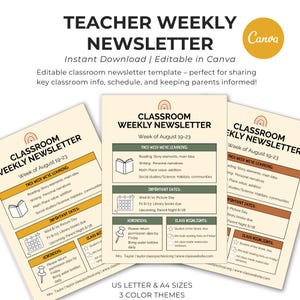 Boho Weekly Newsletter Template for Teachers – Editable Canva – Classroom Communication – A4 & US Letter – 3 Color Options
