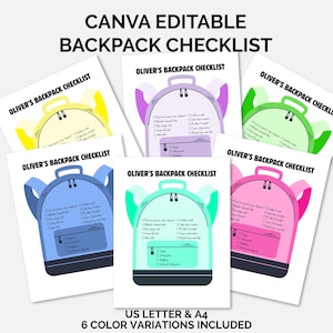 Puede incluir: Seis listas de verificación de mochila imprimibles en varios colores, como amarillo, morado, verde, azul, turquesa y rosa. Cada lista presenta un gráfico de mochila y el texto "Oliver's Backpack Checklist". La imagen también incluye el texto "CANVA EDITABLE BACKPACK CHECKLIST" y "US LETTER & A4 6 COLOR VARIATIONS INCLUDED".