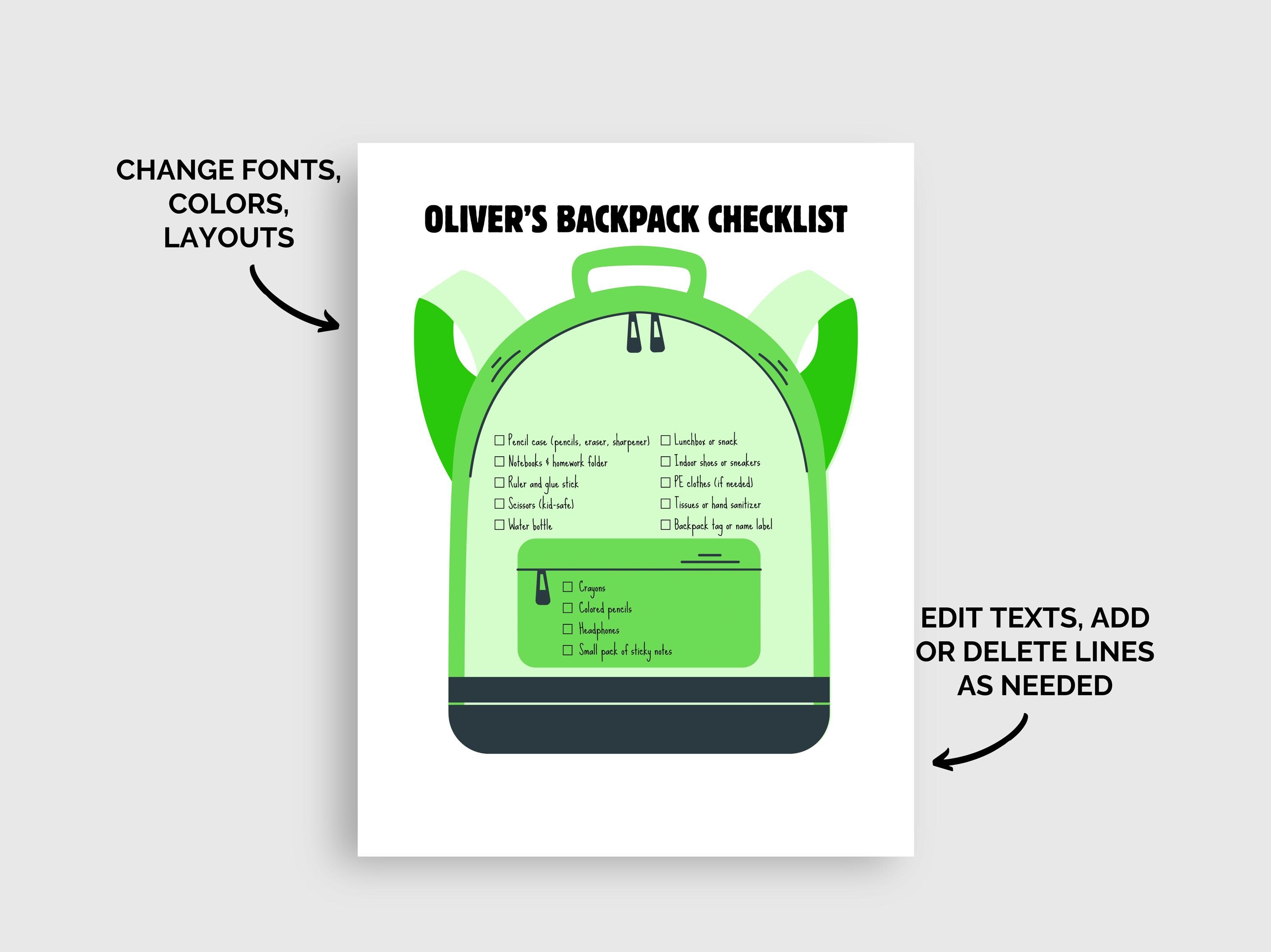 Editable Backpack Checklist ADHD Chore Chart School Back to School ...