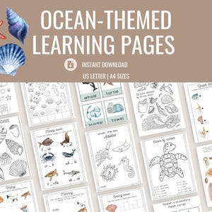 Könnte beinhalten: Ozean-Themen-Lernseiten mit Illustrationen von Meereslebewesen und Muscheln. Die Seiten enthalten Aktivitäten wie Zuordnen, Ausmalen und Rechtschreibung, mit dem Text "Ocean-Themed Learning Pages" oben.