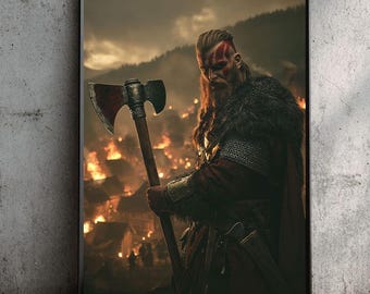 Viking Warlord Art Print: Norse Warrior, Viking Wall Art, Burning Village, Wall Decor, Vikings Gift (Digital Download)