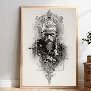 Ragnar Lothbrok Wall Art – Norse Viking Warrior Print, Black and White Poster, Nordic Decor, Instant Download