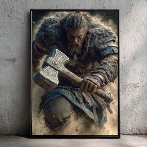 Viking Hammer Warrior Wall Art – Norse Fighter Digital Print, Nordic Battle Scene Poster, Mythic Decor, Instant Download Artwork