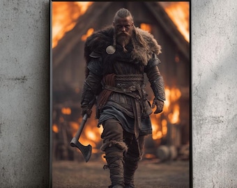 Viking Warrior Art Print: Norse Mythology, Fire & Fury (Digital Download)