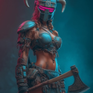 Cyberpunk Viking Woman Art – Futuristic Norse Warrior Print, Neon Sci-Fi Wall Decor, Digital Art, Digital Download, Printable Poster