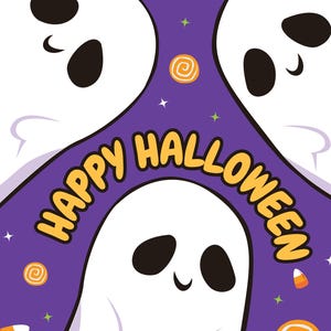 Póster morado con un lindo fantasma de Halloween (archivo digital)