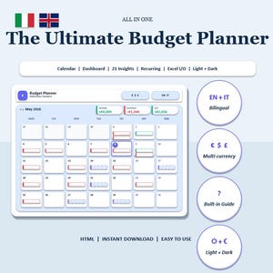 Può includere: Un pianificatore di budget digitale con un'interfaccia calendario, che mostra il mese di maggio 2026. Il pianificatore include funzionalità come dashboard, approfondimenti e voci ricorrenti. Supporta più valute e opzioni bilingue, con modalità chiara e scura.