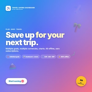 Può includere: Un'interfaccia di dashboard per il risparmio di viaggio con uno sfondo sfumato dal blu al rosa. Il testo recita: Travel Saving Dashboard, Plan-Save-Travel, Save up for your next trip, Multiple goals, multiple currencies, charts. All offline, zero subscriptions.