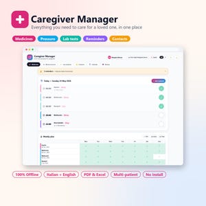 Può includere: Interfaccia digitale dell'app "Caregiver Manager", che mostra promemoria dei farmaci, esami di laboratorio e contatti. L'interfaccia include un piano settimanale e opzioni offline e multi-paziente.