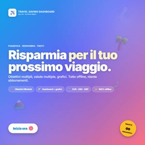 Può includere: Un'interfaccia digitale di dashboard per il risparmio di viaggio con sfondo sfumato dal blu al rosa. Il testo include TRAVEL SAVING DASHBOARD, PIANIFICA - RISPARMIA - PARTI, Risparmia per il tuo prossimo viaggio e pulsanti per funzioni come 100% offline.
