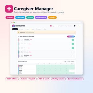 Pode incluir: Interface digital do aplicativo "Caregiver Manager", com fundo branco e detalhes em rosa e azul. A interface mostra lembretes de medicamentos, um plano semanal e opções como "Farmaci" e "Pressione."