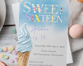 Sweet 16th Birthday Invite for Girl Ice Cream Theme Sixteenth Invitation