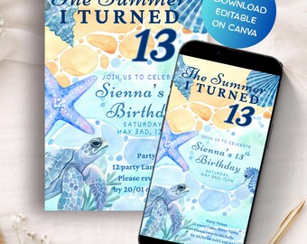 Seashell 13th Birthday Invitation The Summer I Turned Thirteen Beach Theme Editable Canva Template ANY AGE