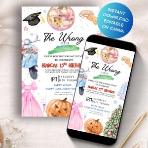 Plantilla de invitación para fiesta de disfraces, divertida invitación editable, descarga instantánea, temática de fiesta de disfraces, 5 x 7 pulgadas