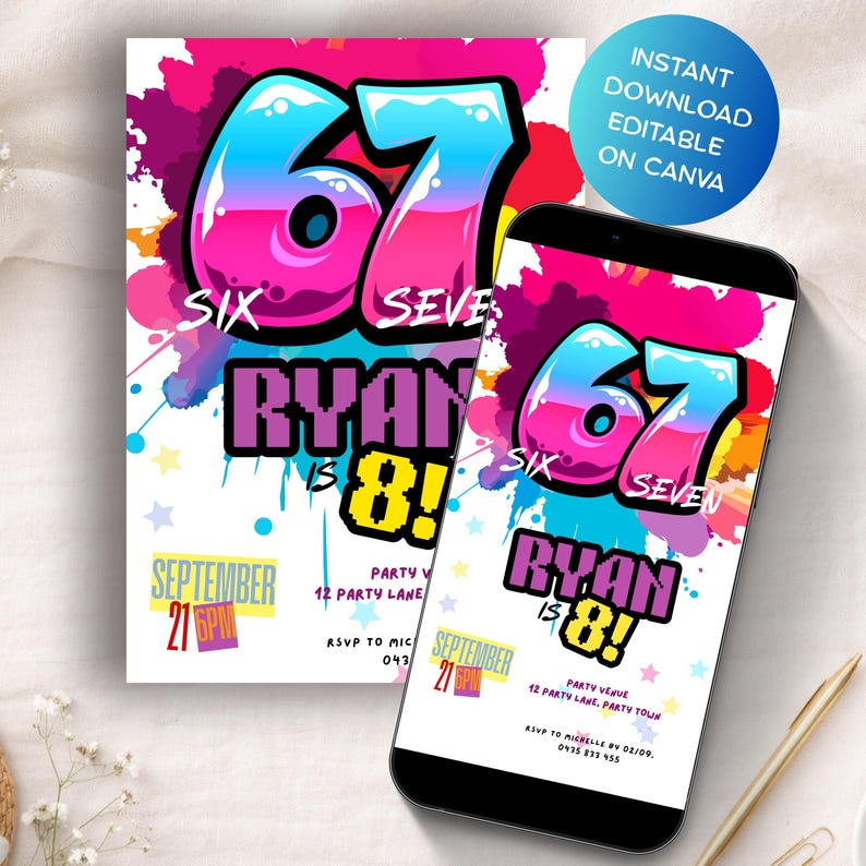 67 Birthday Invitation Six Seven Invite For Girls Viral Meme Party 8th Bday Graffiti Evite image 2