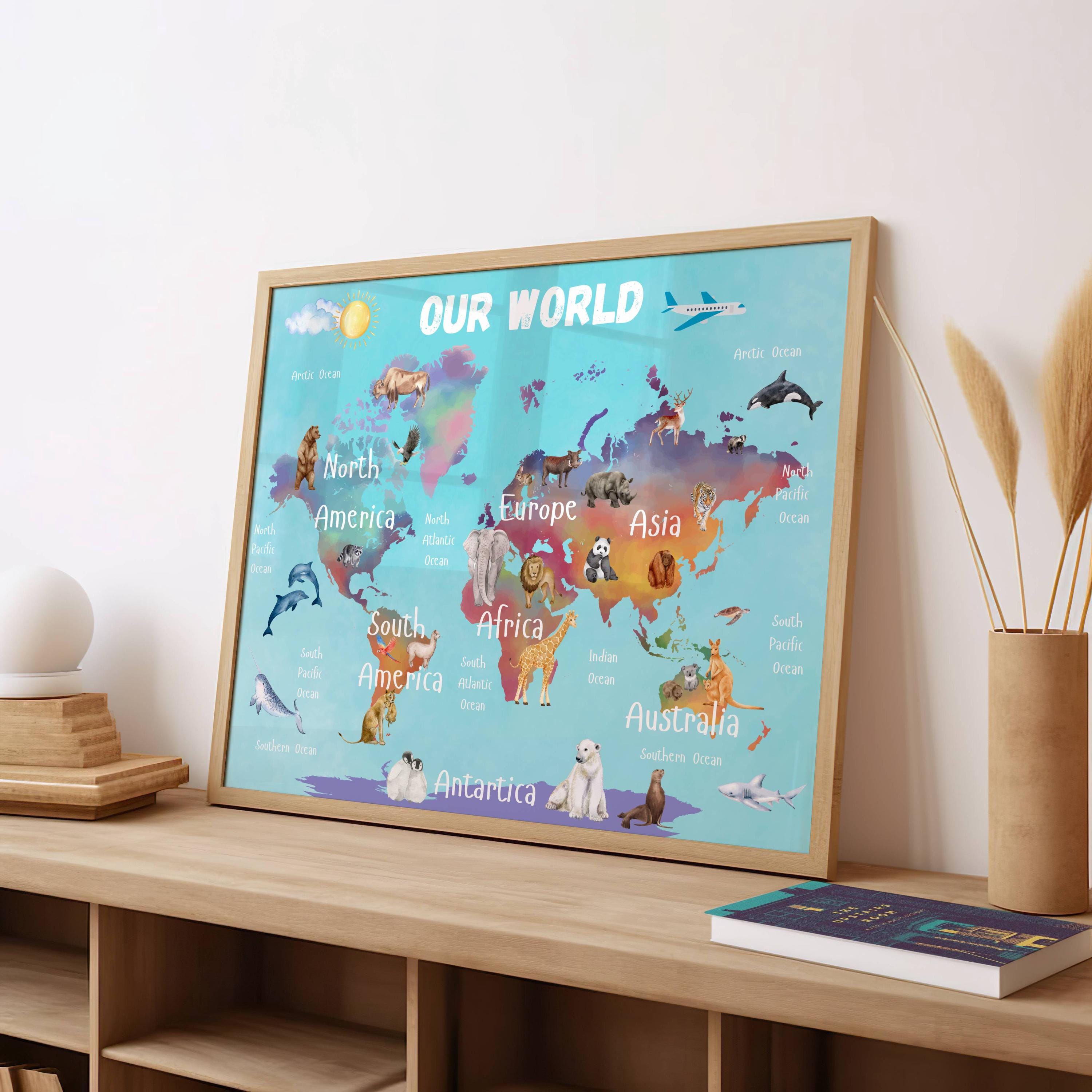 Animal World Map Print, Kids Room Wall Art, Educational Nursery Decor ...