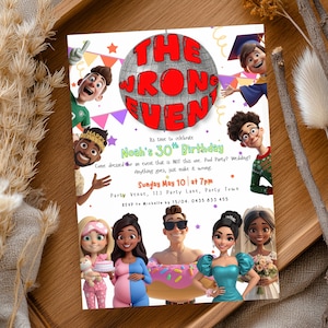 May include: Invitation card with the text "THE WRONG EVENT" in red letters on a disco ball. The invitation is for Noah's 30th birthday, with the date, time, and RSVP information. The card features cartoon illustrations of people.