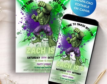 Hulk Birthday Invitation Template Superhero Party Invite Avengers Instant Download Boy