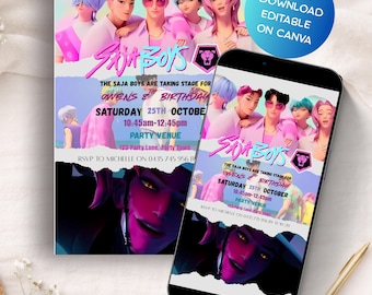 Kpop Demon Hunters Birthday Invitation Saja Boys Invite Kpop Anime Canva Template
