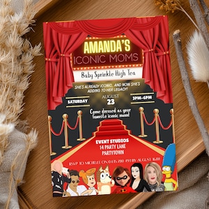 May include: A red and gold invitation for "Amanda's Iconic Moms Baby Sprinkle High Tea." The design features a red carpet, gold stanchions, and a red curtain backdrop. The invitation includes the date, time, and RSVP information.