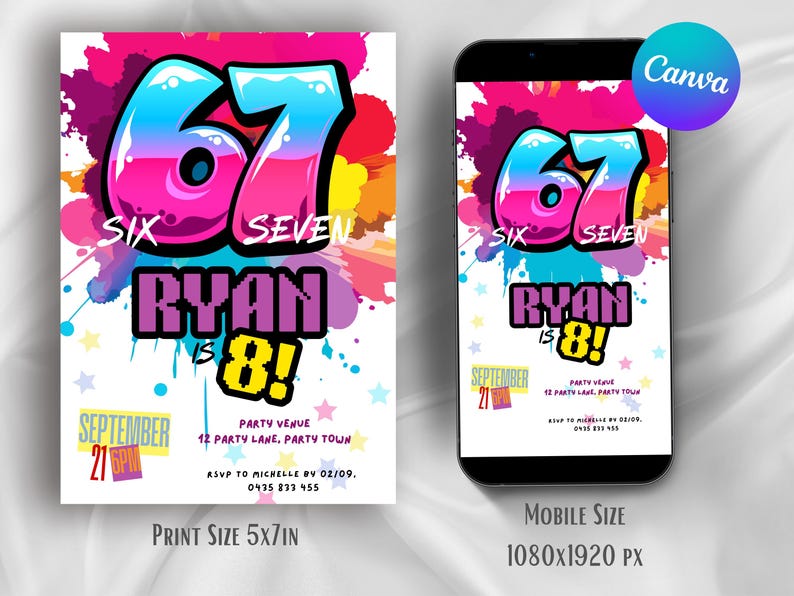 67 Birthday Invitation Six Seven Invite For Girls Viral Meme Party 8th Bday Graffiti Evite image 3