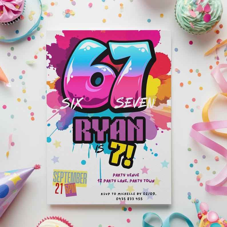 67 Birthday Invitation Six Seven Invite For Girls Viral Meme Party 8th Bday Graffiti Evite image 1