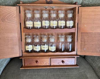 Vintage Wood Spice Cabinet Glass Apothecary Jars Drawers Brass Rooster Detail