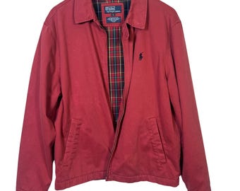 VTG 90s Polo Ralph Lauren Men Harrington Jacket Large Red Plaid Lined Cotton