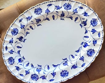 Spode Colonel Blue Large Oval Serving Platter, Gold Rim, Scalloped Edge, Chinoiserie Floral China