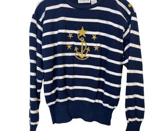 Liz Claiborne Vintage Sweater Large Nautical Navy White Anchor Gold Buttons
