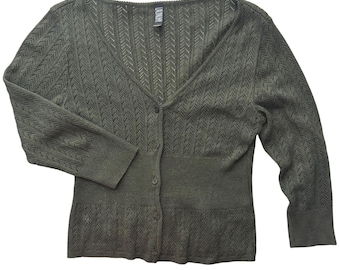 VTG 90s Laundry Shelli Segal 3/4 Sleeve Cardigan Olive Green Gold Sweater