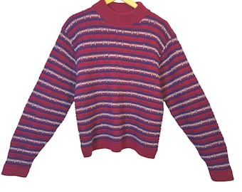 Suéter masculino Jeff Ram by Lord Jeff, tamanho médio, gola alta, listrado, em lã, estilo vintage anos 70.