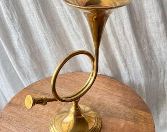 Vintage Solid Brass French Horn Taper Candle Holder Made in India 9 Inch