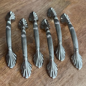 VTG Amerock 3" Drawer Pulls 1333 Nickle Art Deco Shell Handles 6pc Like New!