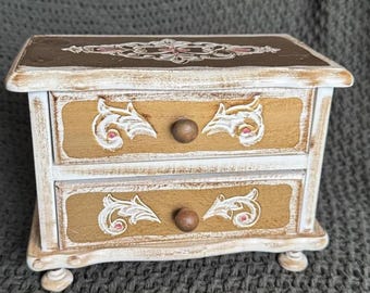 Vintage Florentine Music Jewelry Trinket Box Wood Gilded 2 Drawer Works