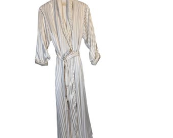 Vintage 1960s Flo Weinberg White Satin Striped Robe Long Tassel Belt USA Bridal