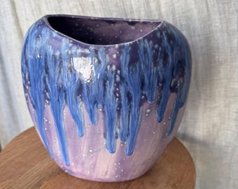 Vintage Signed Studio Pottery Vase Drip Glaze Purple Blue Galaxy Cosmic 90s 8in