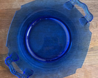 Vintage Cobalt Blue Depression Glass Scalloped Handled Plate 8 inch