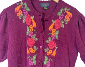 VTG Charter Club Womens Top Large Burgundy Fruit Floral Embroidered Sweater
