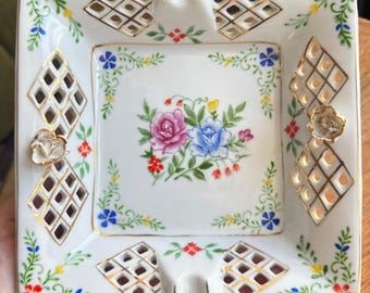 Vintage Limoges Style Ashtray Porcelain Floral Gold Trim Lattice Trinket Dish