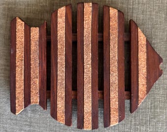 Vintage Fish Trivet Mid Century Wood Cork Brown Nautical Coastal Kitchen Decor