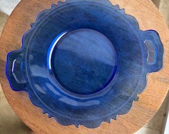 Plato de servir vintage de cristal azul cobalto con asa y borde festoneado de 25 cm (10 pulgadas)