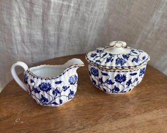 Spode Colonel Blue Creamer and Sugar Bowl Set Gold Trim Floral Discontinued