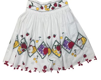 Vintage Skirt Medium Fruit Embroidered White Cotton Midi Cherry Tassles *Read