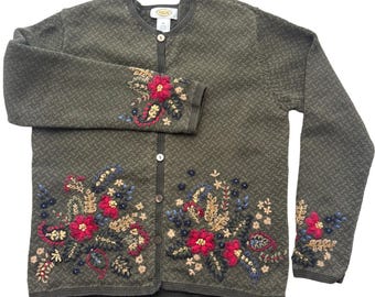 VTG Talbots Womens Cardigan Sweater Medium Olive Green Floral Embroidered Cotton