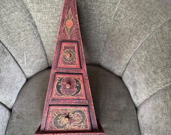 Vintage Solid Wood Pyramid Trinket Jewlery Chest Drawers Hand Painted Celestial