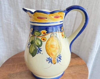 VTG J Wilifred for Sadek Hand Painted Lemon Pitcher Blue Yellow Portugal 7 inch